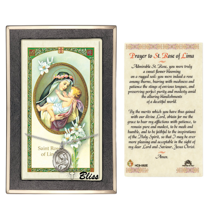 .925 Sterling Silver Saint St. Rose of Lima Medal Pendant on 18 Inch Rhodium Plated Lite Curb Brass Chain w/ Lobster Claw Clasp, Catholic Religious Necklace - Made in USA- Prayer Card Included