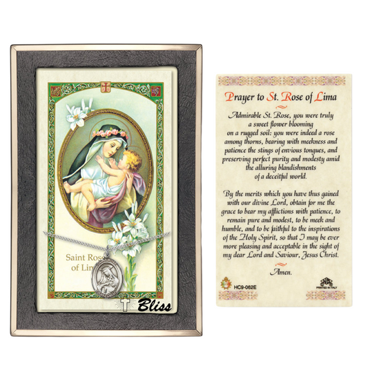 .925 Sterling Silver Saint St. Rose of Lima Medal Pendant on 18 Inch Rhodium Plated Lite Curb Brass Chain w/ Lobster Claw Clasp, Catholic Religious Necklace - Made in USA- Prayer Card Included