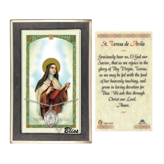 .925 Sterling Silver Saint St. Theresa Medal Pendant on 18 Inch Rhodium Plated Lite Curb Brass Chain w/ Lobster Claw Clasp, Catholic Religious Necklace - Made in USA- Prayer Card Included