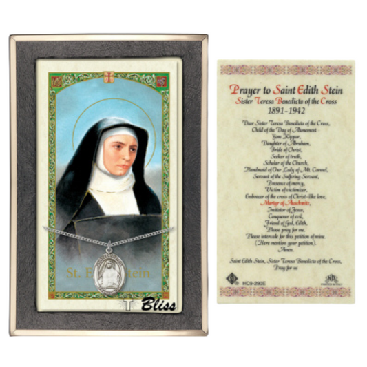 .925 Sterling Silver Saint St. Edith Stein Medal Pendant on 18 Inch Rhodium Plated Lite Curb Brass Chain with Lobster Claw Clasp, Catholic Religious Necklace - Made in USA- Prayer Card Included