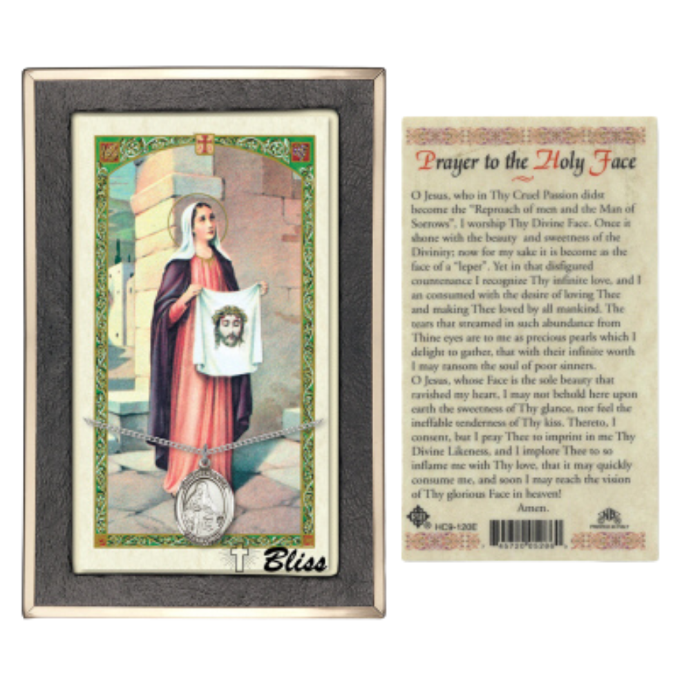 .925 Sterling Silver Saint St. Veronica Medal Pendant on 18 Inch Rhodium Plated Lite Curb Brass Chain with Lobster Claw Clasp, Catholic Religious Necklace - Made in USA- Prayer Card Included