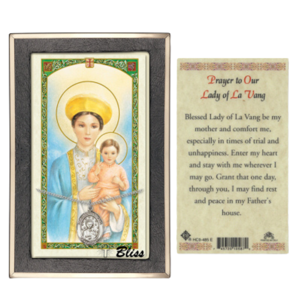 .925 Sterling Silver Our Lady of la Vang Medal Pendant on 18 Inch Rhodium Plated Lite Curb Brass Chain with Lobster Claw Clasp, Catholic Religious Necklace - Made in USA- Prayer Card Included