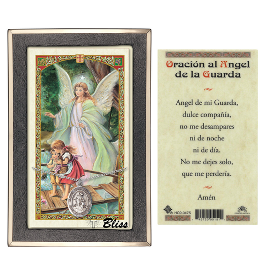 .925 Sterling Silver Angel de la Guarda Medal Pendant on 18 Inch Rhodium Plated Lite Curb Brass Chain with Lobster Claw Clasp, Catholic Religious Necklace - Made in USA- Prayer Card Included