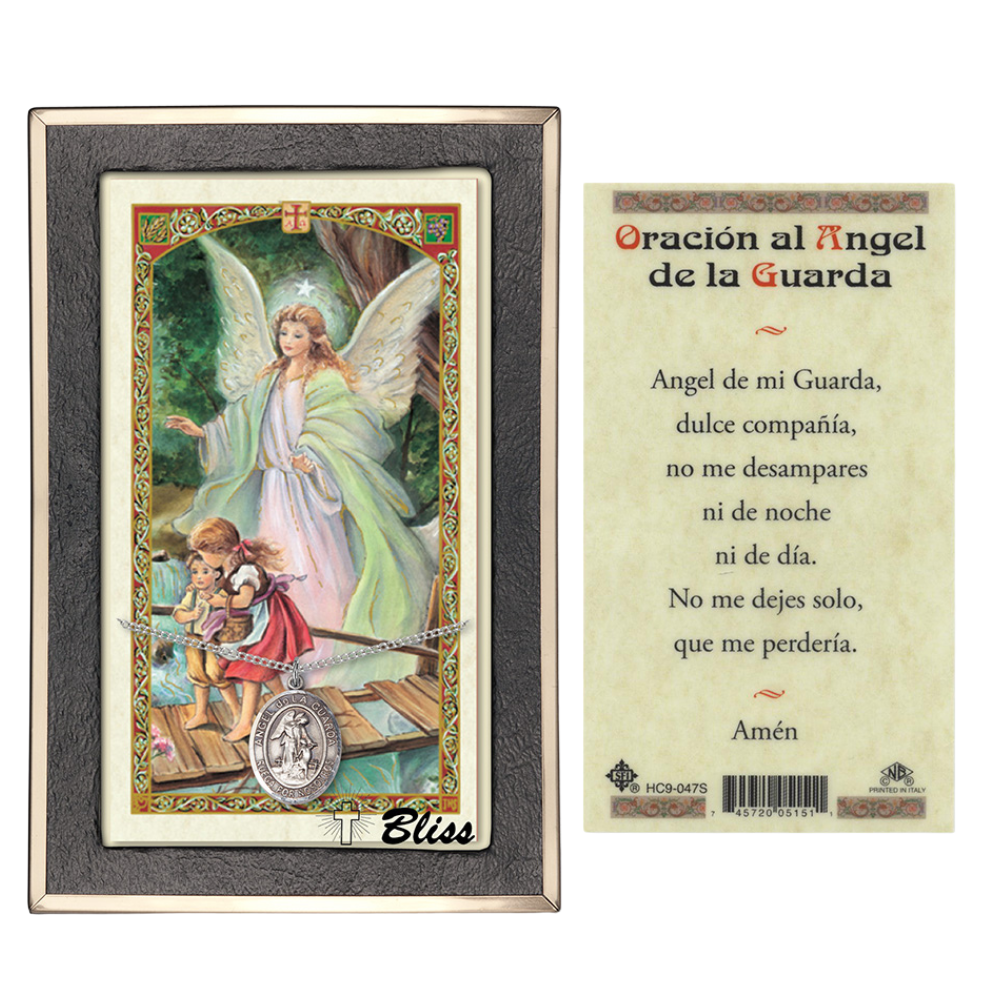 Pewter Angel de la Guarda Medal Pendant on 18 Inch Rhodium Plated Lite Curb Brass Chain with Lobster Claw Clasp, Catholic Religious Necklace - Made in USA- Prayer Card Included