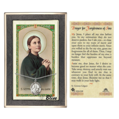 .925 Sterling Silver Saint St. Gemma Galgani Medal Pendant on 18 Inch Rhodium Plated Lite Curb Brass Chain w/ Lobster Claw Clasp, Catholic Religious Necklace - Made in USA- Prayer Card Included