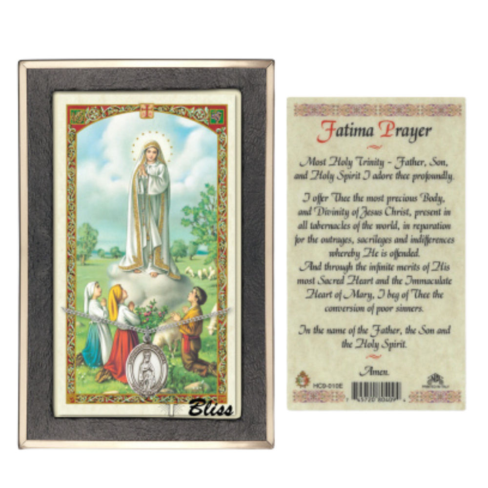 .925 Sterling Silver Our Lady of Fatima Medal Pendant on 18 Inch Rhodium Plated Lite Curb Brass Chain with Lobster Claw Clasp, Catholic Religious Necklace - Made in USA- Prayer Card Included