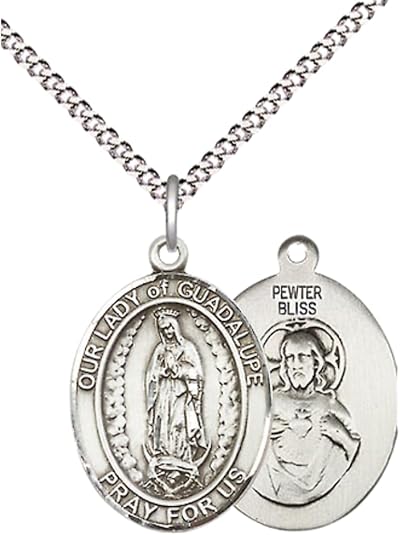 Pewter Our Lady of Guadalupe Medal Pendant on 18 Inch Rhodium Plated Lite Curb Brass Chain with Lobster Claw Clasp, Catholic Religious Necklace - Made in USA- Prayer Card Included