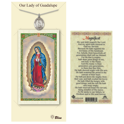 Pewter Our Lady of Guadalupe Medal Pendant on 18 Inch Rhodium Plated Lite Curb Brass Chain with Lobster Claw Clasp, Catholic Religious Necklace - Made in USA- Prayer Card Included