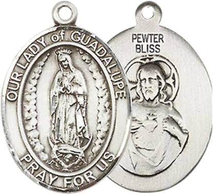 Pewter Our Lady of Guadalupe Medal Pendant on 18 Inch Rhodium Plated Lite Curb Brass Chain with Lobster Claw Clasp, Catholic Religious Necklace - Made in USA- Prayer Card Included