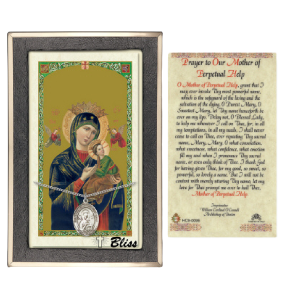 .925 Sterling Silver Our Lady of Perpetual Help Medal Pendant on 18 Inch Rhodium Plated Lite Curb Brass Chain w/ Lobster Claw Clasp, Catholic Religious Necklace - Made in USA- Prayer Card Included
