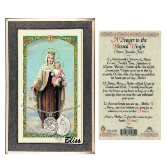 .925 Sterling Silver Our Lady of Mount Carmel Medal Pendant on 18 Inch Rhodium Plated Lite Curb Brass Chain w/ Lobster Claw Clasp, Catholic Religious Necklace - Made in USA- Prayer Card Included