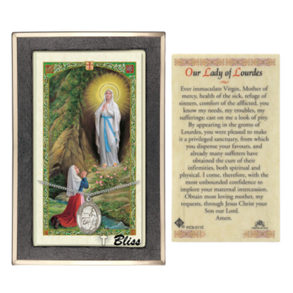 Pewter Our Lady of Lourdes Medal Pendant on 18 Inch Rhodium Plated Lite Curb Brass Chain with Lobster Claw Clasp, Catholic Religious Necklace - Made in USA- Prayer Card Included
