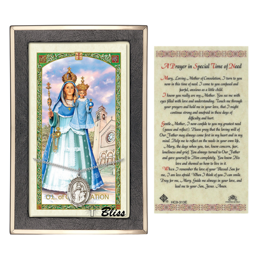 .925 Sterling Silver Our Lady of Consolation Medal Pendant on 18 Inch Rhodium Plated Lite Curb Brass Chain w/ Lobster Claw Clasp, Catholic Religious Necklace - Made in USA- Prayer Card Included