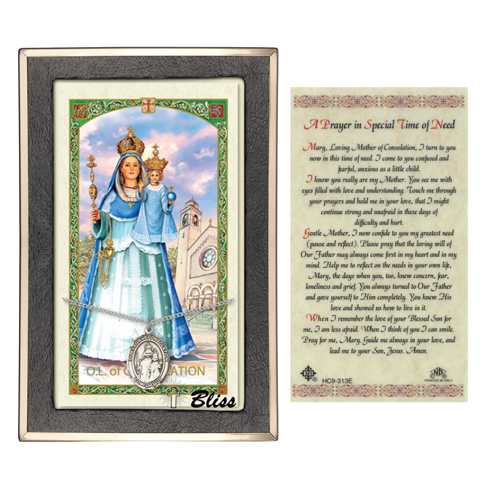 Pewter Our Lady of Consolation Medal Pendant on 18 Inch Rhodium Plated Lite Curb Brass Chain with Lobster Claw Clasp, Catholic Religious Necklace - Made in USA- Prayer Card Included