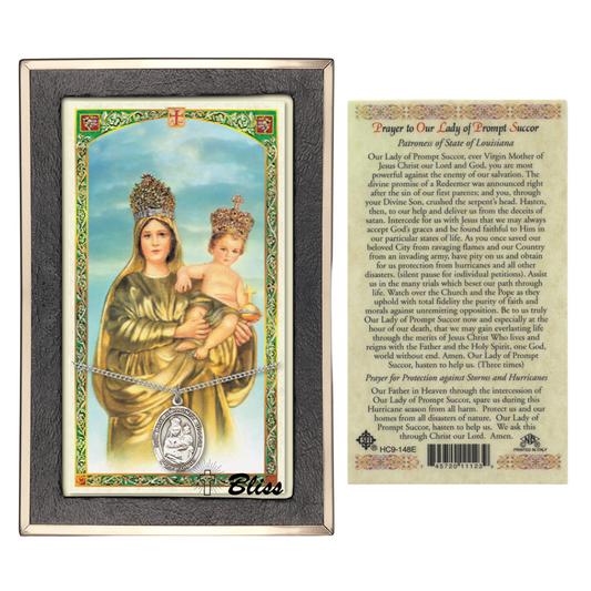 .925 Sterling Silver Our Lady of Prompt Succor Medal Pendant on 18 Inch Rhodium Plated Lite Curb Brass Chain w/ Lobster Claw Clasp, Catholic Religious Necklace - Made in USA- Prayer Card Included