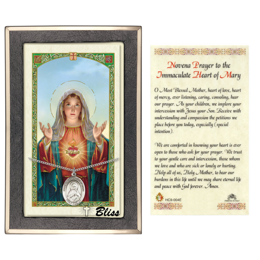 .925 Sterling Silver Immaculate Heart of Mary Medal Pendant on 18 Inch Rhodium Plated Lite Curb Brass Chain w/ Lobster Claw Clasp, Catholic Religious Necklace - Made in USA- Prayer Card Included