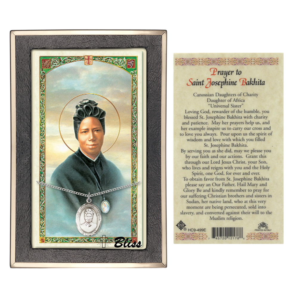 .925 Sterling Silver Saint St. Josephine Bakhita Medal Pendant on 18 Inch Rhodium Plated Lite Curb Brass Chain w/ Lobster Claw Clasp, Catholic Religious Necklace - Made in USA- Prayer Card Included