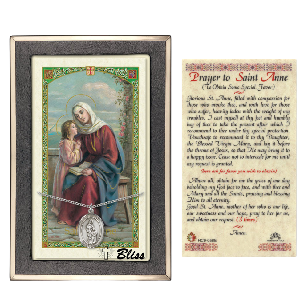 .925 Sterling Silver Saint St. Anne Medal Pendant on 18 Inch Rhodium Plated Lite Curb Brass Chain with Lobster Claw Clasp, Catholic Religious Necklace - Made in USA- Prayer Card Included