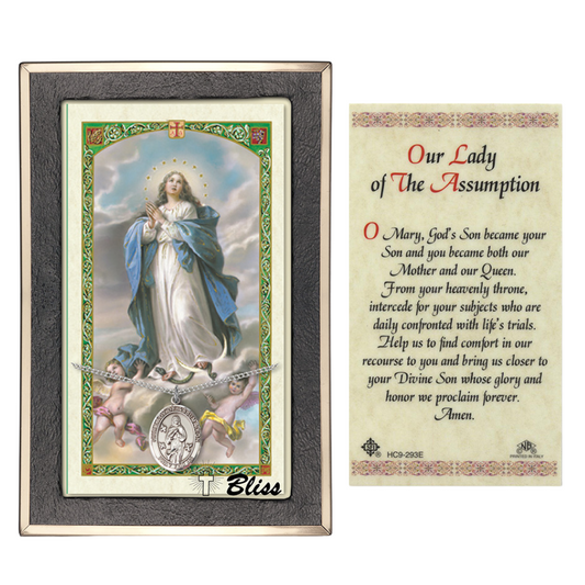 .925 Sterling Silver Our Lady of Assumption Medal Pendant on 18 Inch Rhodium Plated Lite Curb Brass Chain w/ Lobster Claw Clasp, Catholic Religious Necklace - Made in USA- Prayer Card Included