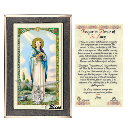 .925 Sterling Silver Saint St. Lucy Medal Pendant on 18 Inch Rhodium Plated Lite Curb Brass Chain with Lobster Claw Clasp, Catholic Religious Necklace - Made in USA- Prayer Card Included