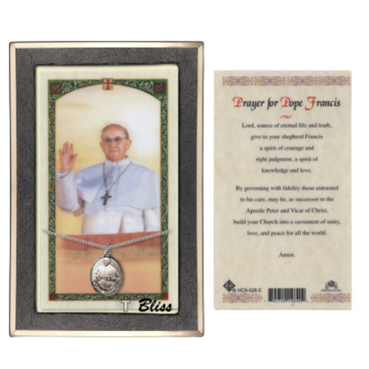 .925 Sterling Silver Pope Francis Medal Pendant on 18 Inch Rhodium Plated Lite Curb Brass Chain with Lobster Claw Clasp, Catholic Religious Necklace - Made in USA- Prayer Card Included