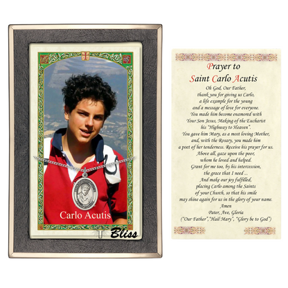 Everlasting Light Jewelry .925 Sterling Silver Saint St. Carlo Acutis Medal Pendant on 24 Inch Rhodium Plated Heavy Curb Chain, Catholic Medal Necklace with Prayer Card – Patron of the Internet- Made in USA