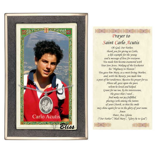 Everlasting Light Jewelry .925 Sterling Silver Saint St. Carlo Acutis Medal Pendant on 24 Inch Rhodium Plated Heavy Curb Chain, Catholic Medal Necklace with Prayer Card – Patron of the Internet- Made in USA