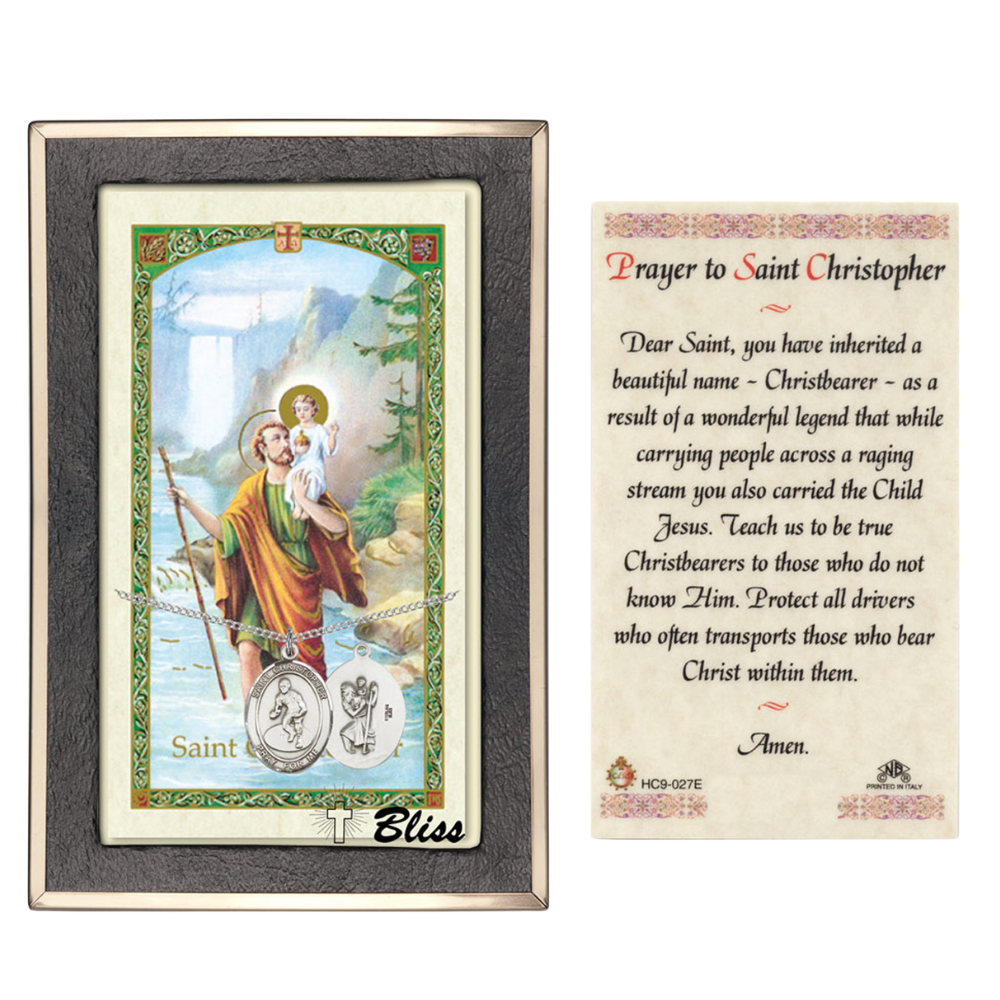 Pewter Saint St. Christopher Medal Pendant on 18 Inch Rhodium Plated Lite Curb Brass Chain with Lobster Claw Clasp, Catholic Religious Necklace, Made in USA- Prayer Card Included