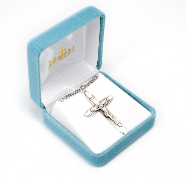 IHS Crucifix Sterling Silver Pendant Necklace — 24" Chain, Made in USA, Gift Box