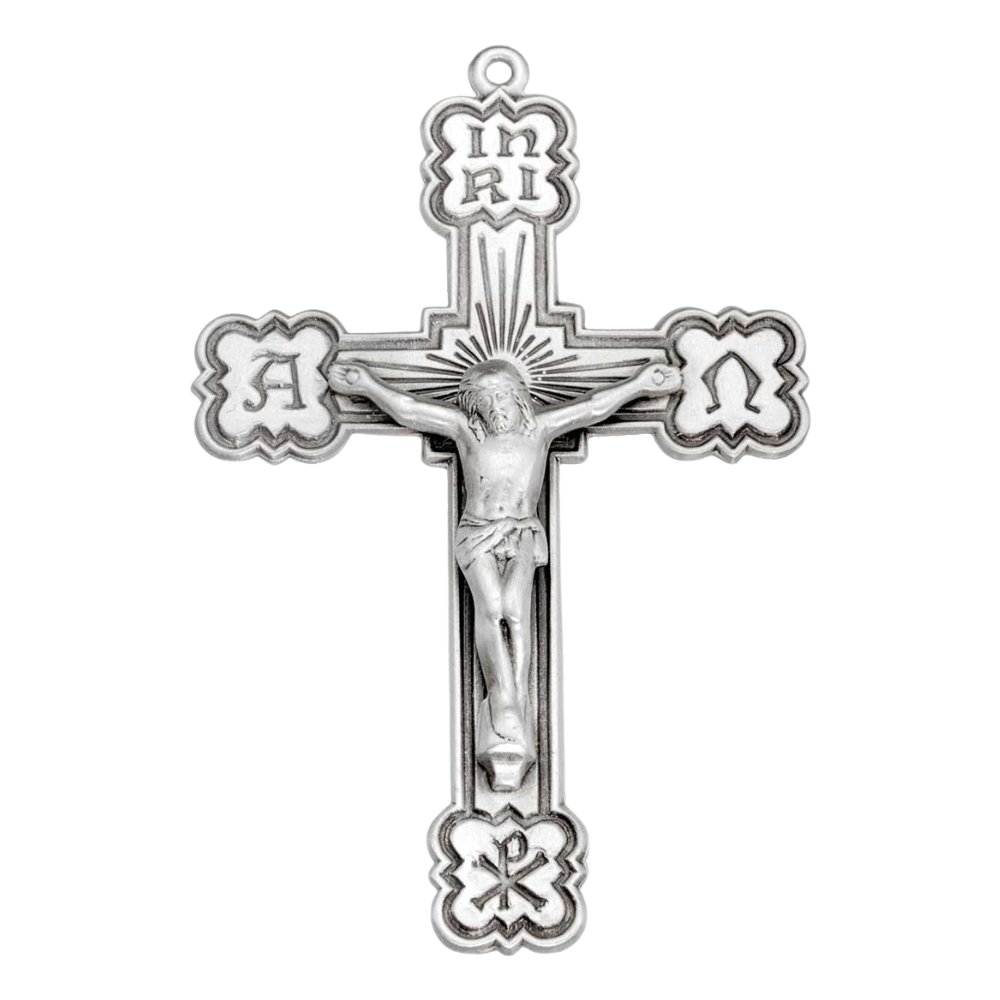 Alpha Omega Crucifix Sterling Silver Pendant — 24 Inch Chain, Gift Box Included