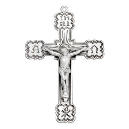 Alpha Omega Crucifix Sterling Silver Pendant — 24 Inch Chain, Gift Box Included