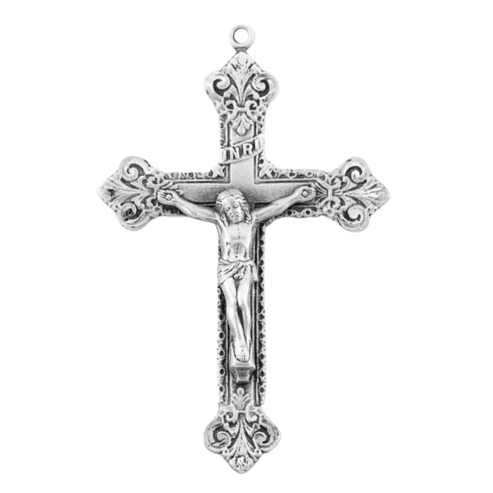 Scroll Design Crucifix Sterling Silver Pendant Necklace — 24" Chain, Made in USA