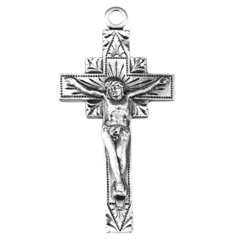 Sunburst Crucifix Sterling Silver Pendant — 24" Chain, Made in USA, Gift Box