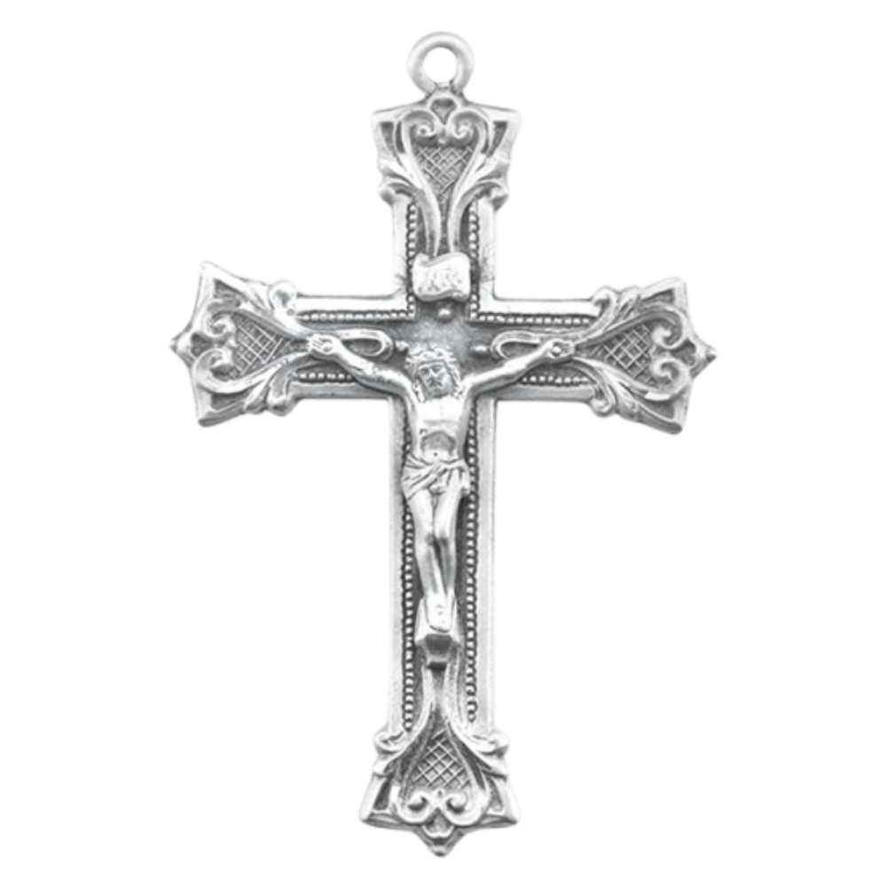 Gothic Scroll Style Crucifix Sterling Silver Necklace — 24" Chain, Gift Box