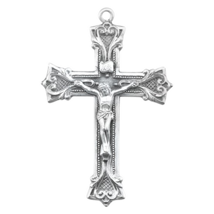 Gothic Scroll Style Crucifix Sterling Silver Necklace — 24" Chain, Gift Box