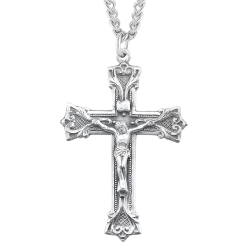 Gothic Scroll Style Sterling Silver Crucifix, Catholic Gift, Made in USA