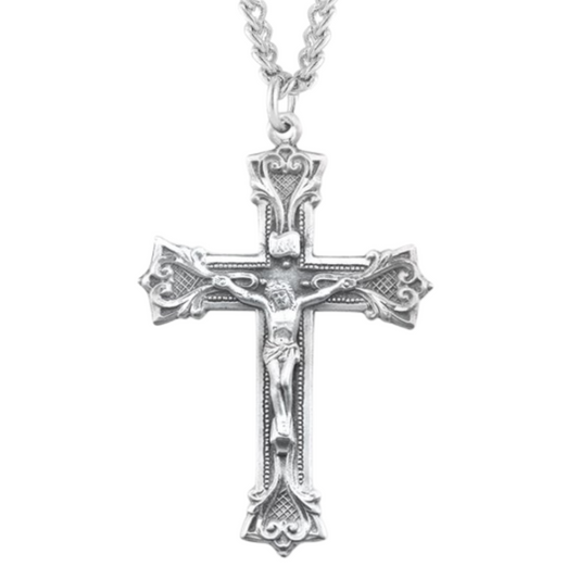 Gothic Scroll Style Sterling Silver Crucifix, Catholic Gift, Made in USA