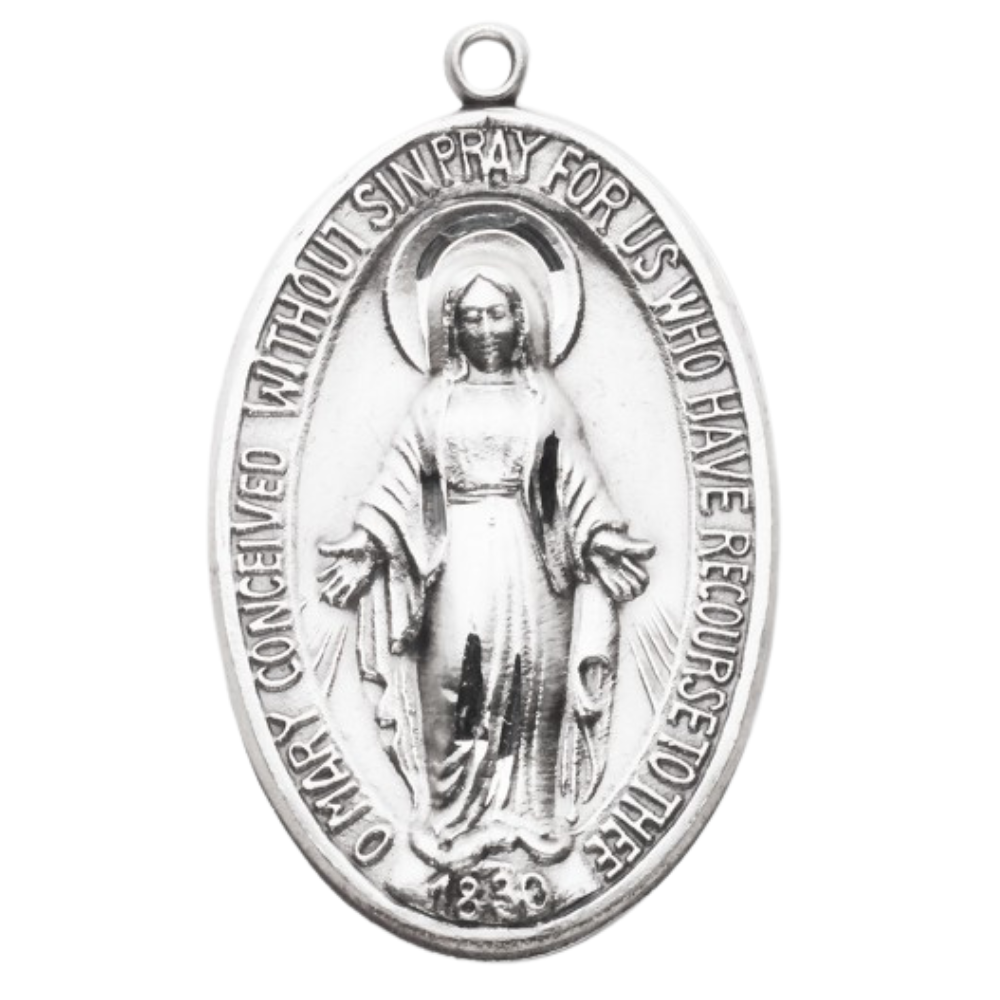Miraculous Medal Sterling Silver Oval Pendant — 27" Chain, Gift Box Included