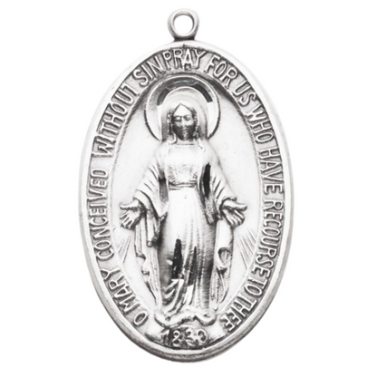 Miraculous Medal Sterling Silver Oval Pendant — 27" Chain, Gift Box Included