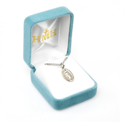 Miraculous Medal Blue Enameled Sterling Silver Necklace — 18" Chain, Gift Box
