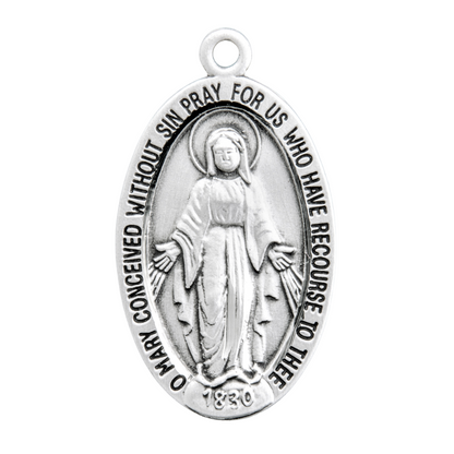 Miraculous Medal Sterling Silver Oval Pendant — 18" Chain, Made in USA, Gift Box