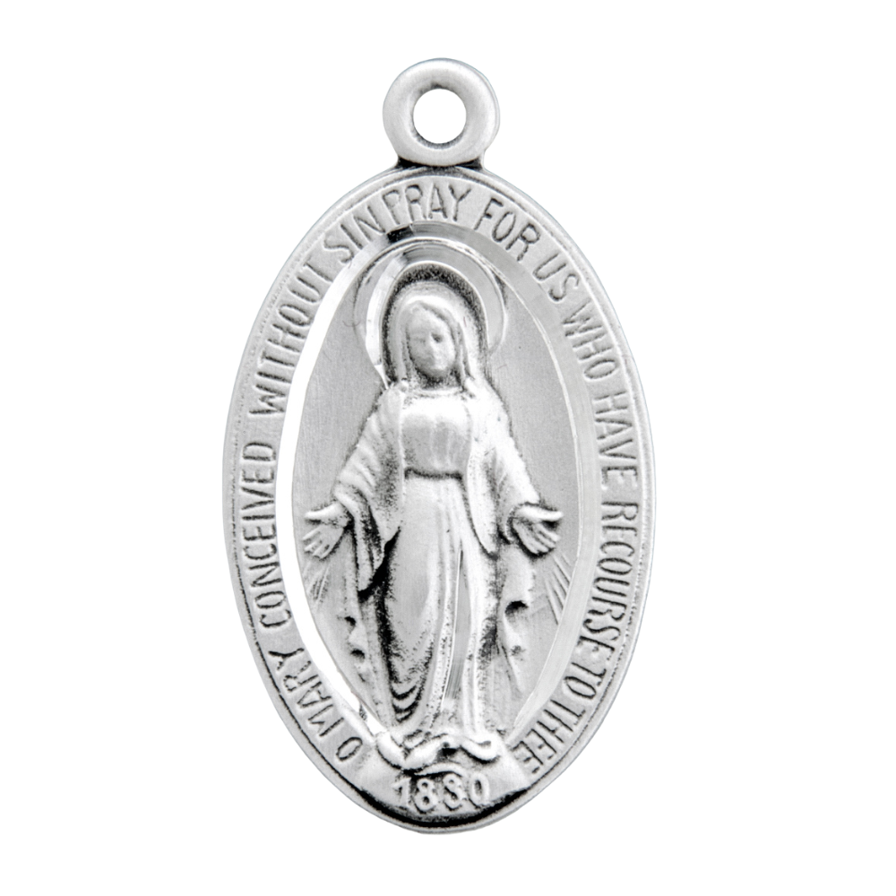Miraculous Medal Sterling Silver Oval Pendant Necklace — 24" Chain, Made in USA