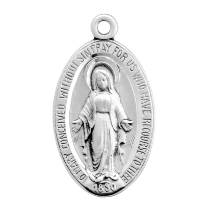 Miraculous Medal Sterling Silver Oval Pendant Necklace — 24" Chain, Made in USA