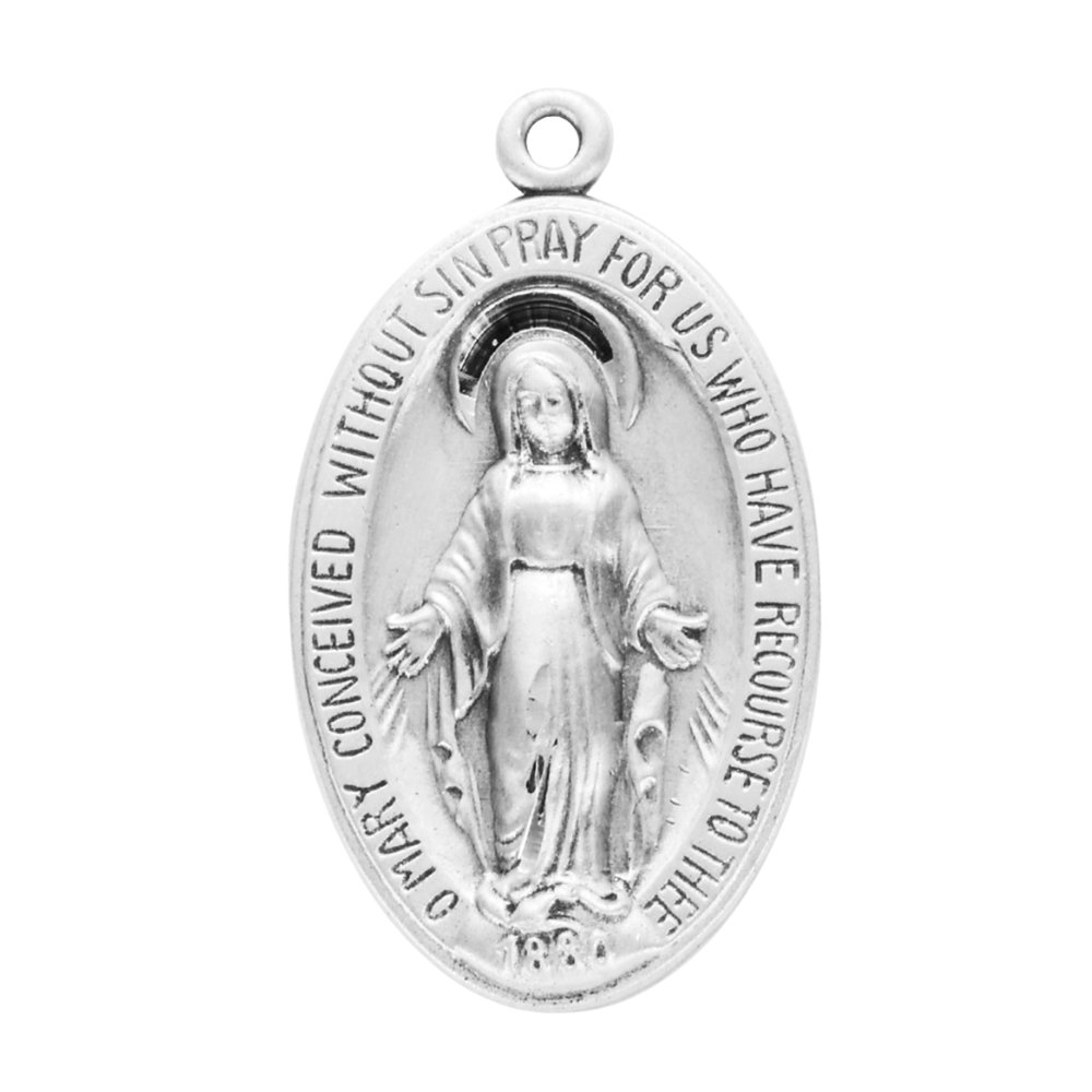 Miraculous Medal Sterling Silver Oval Pendant — 24" Chain, Gift Box Included