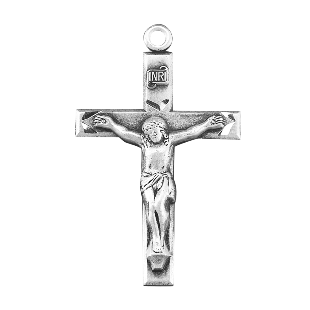 .925 Sterling Silver Hand Engraved Crucifix Medal Pendant Necklace, 20" Chain
