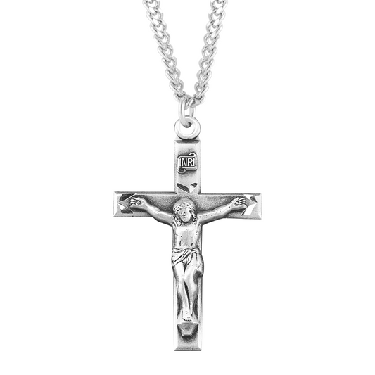 .925 Sterling Silver Hand Engraved Crucifix Medal Pendant Necklace, 20" Chain