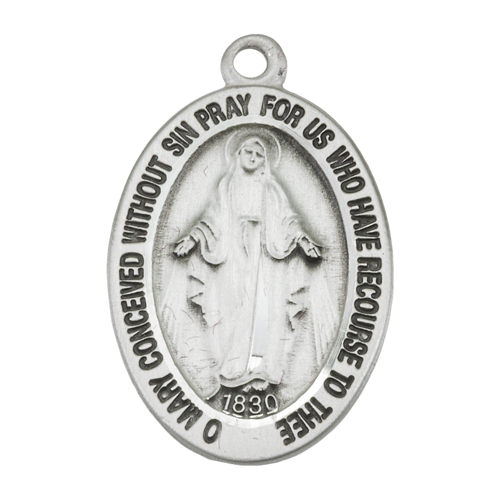 Miraculous Medal Sterling Silver Oval Pendant — 18" Chain, Gift Box Included