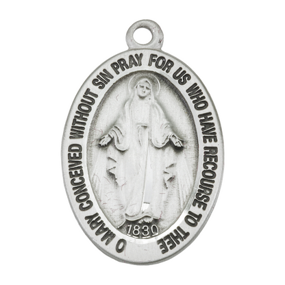 Miraculous Medal Sterling Silver Oval Pendant — 18" Chain, Gift Box Included