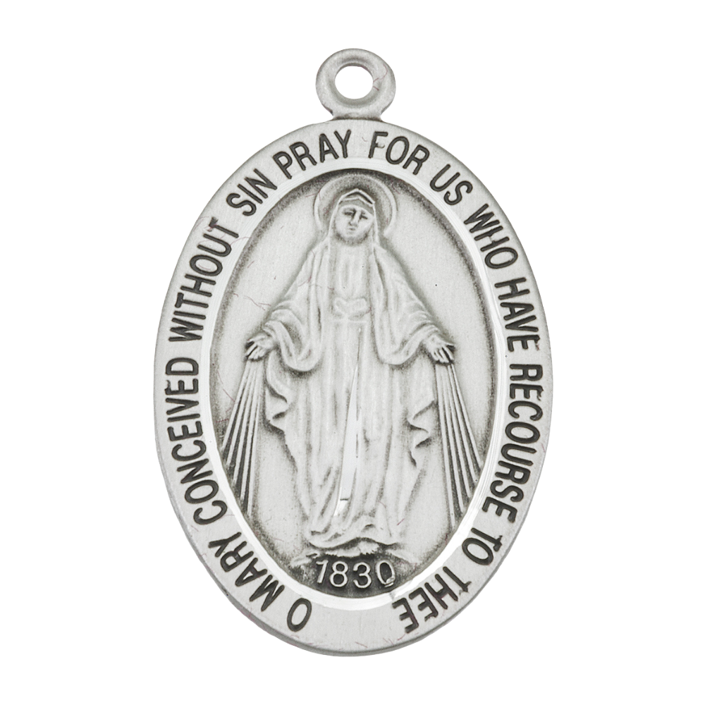 Miraculous Medal Sterling Silver Oval Pendant — 20" Chain, Made in USA, Gift Box
