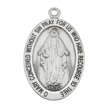 Miraculous Medal Sterling Silver Oval Pendant — 20" Chain, Made in USA, Gift Box
